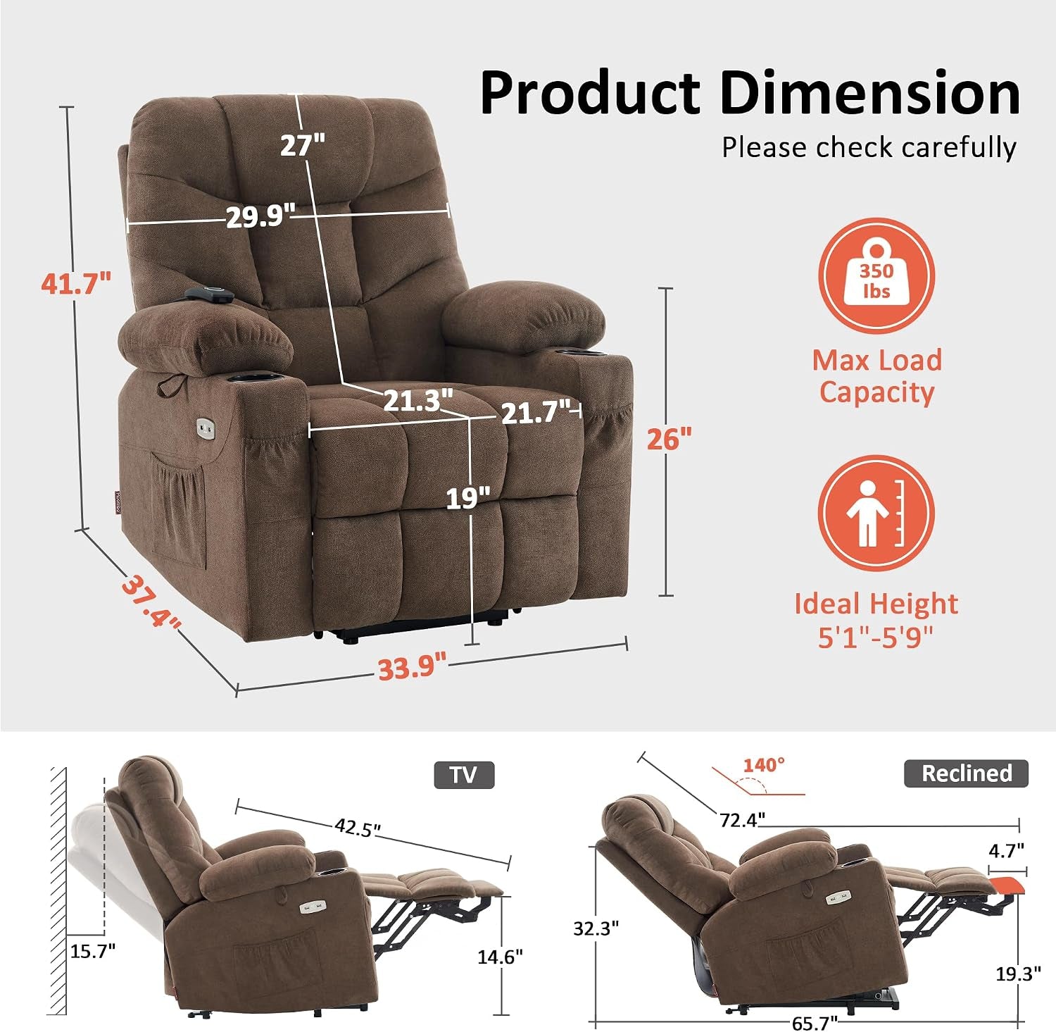 Brown fabric recliner with dimension callouts and graphics showing load capacity and ideal height