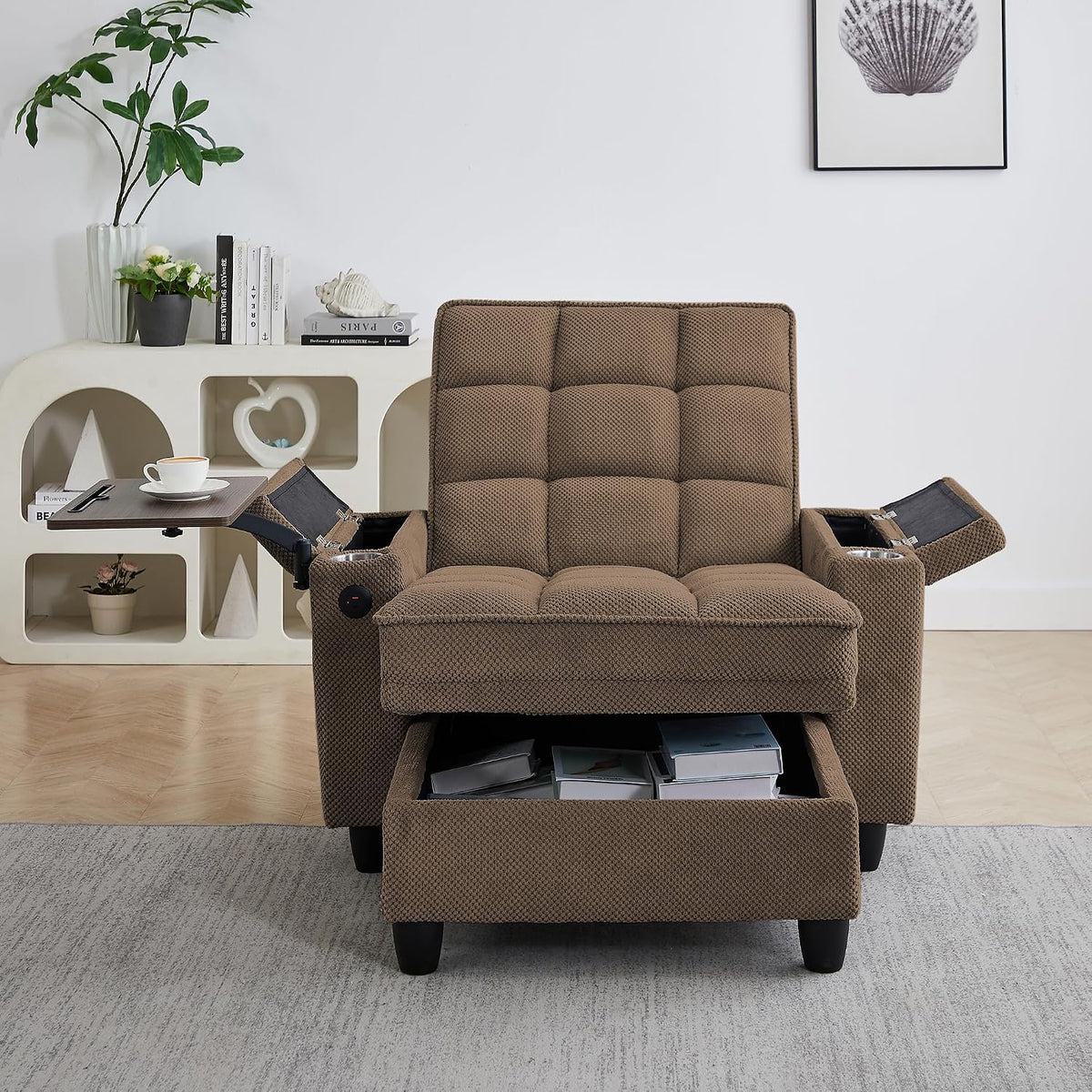 Brown chenille chaise lounge front view with both armrest compartments open and under-seat storage pulled out