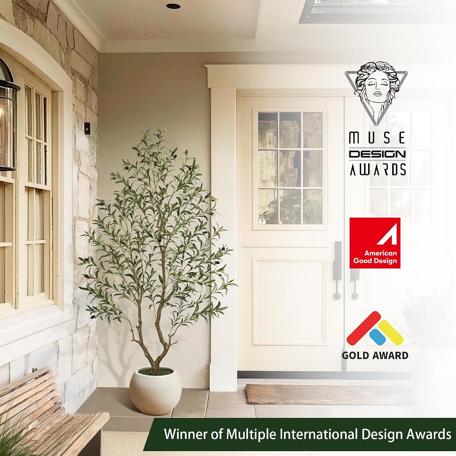 Olive tree in a round white planter placed by a front door, with award logos and a welcome mat visible on the scene.