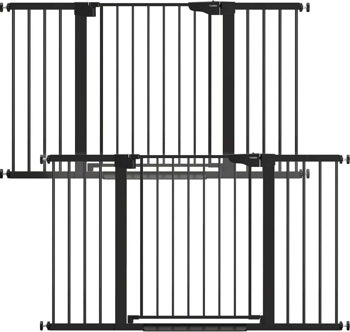 Straight front view of a black metal baby gate with evenly spaced vertical bars and visible pressure-mount adjustment knobs.
