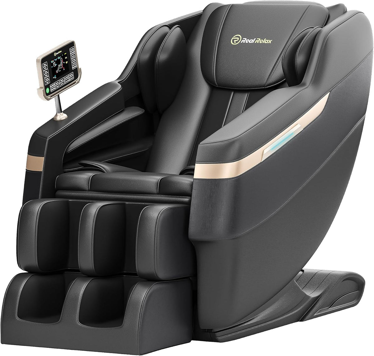 Black and gold full-body massage chair angled front view showing footrest and control panel