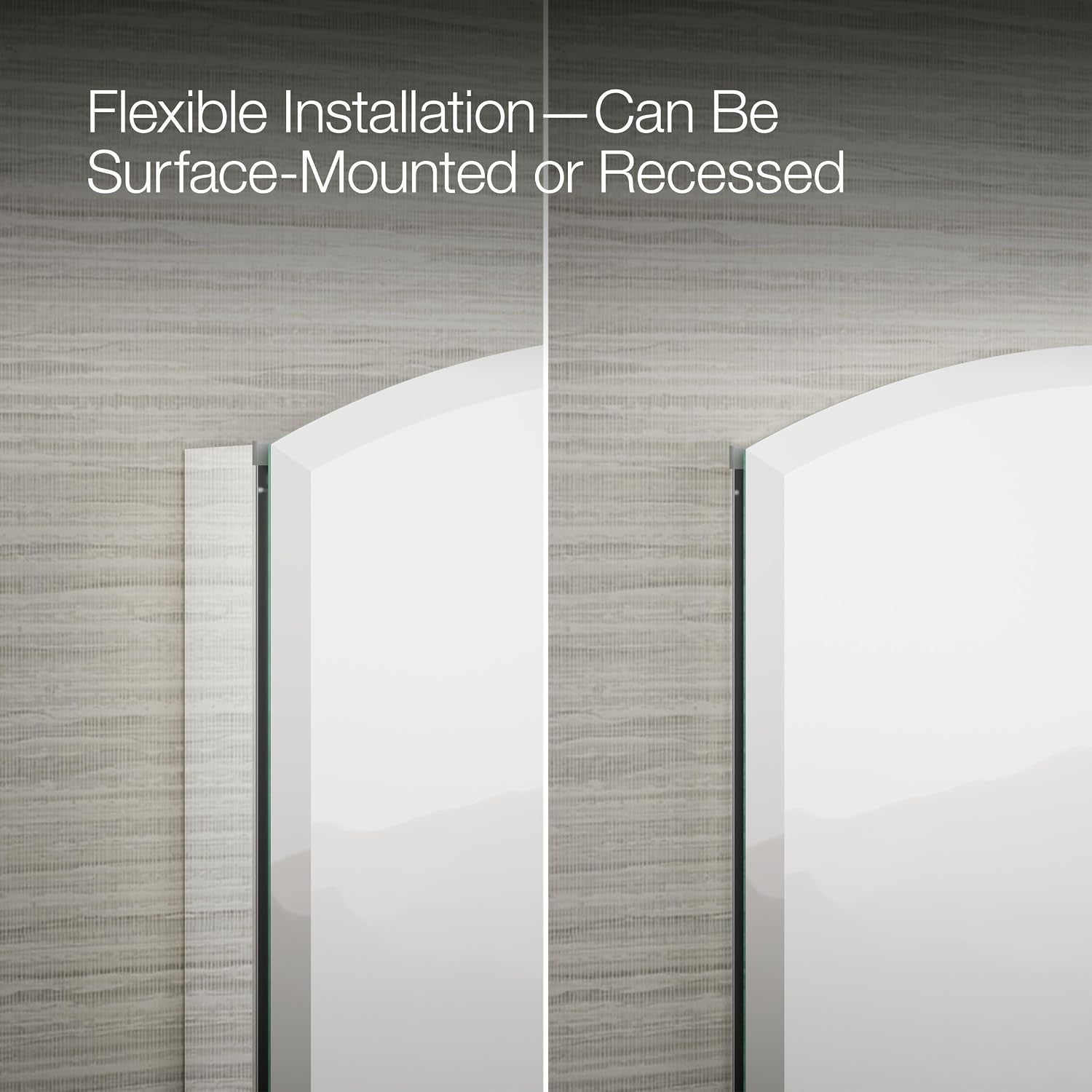 Split view showing the cabinet installed surface-mounted on one side and recessed on the other for comparison