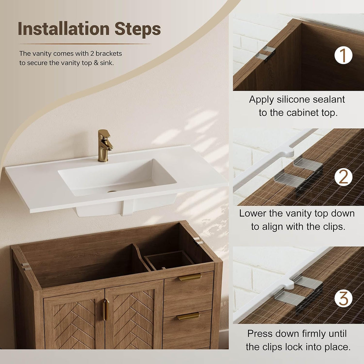 Vanity top lifted above cabinet showing metal clips and step-by-step placement for securing the sink
