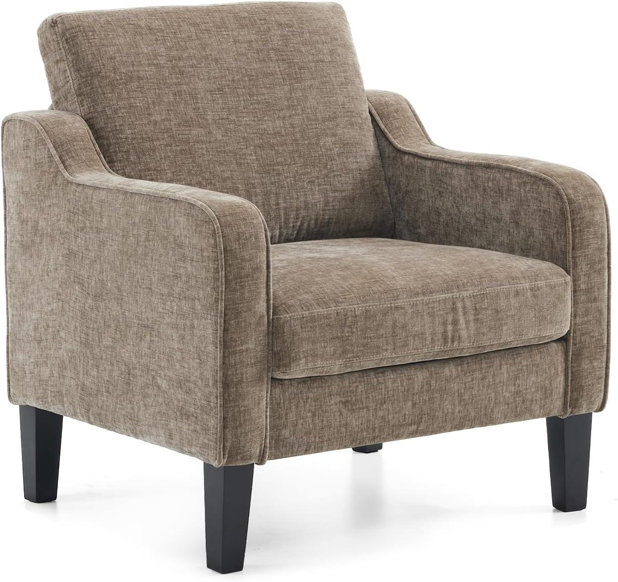 Front three-quarter view of a single taupe upholstered accent chair on a white background