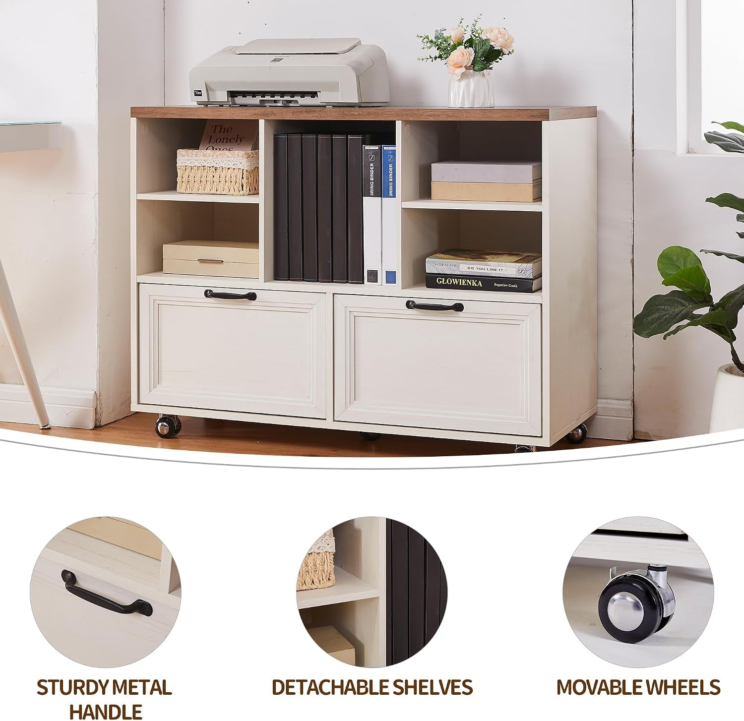 Mobile file cabinet in white finish with two large pull-out drawers, open shelving and visible casters