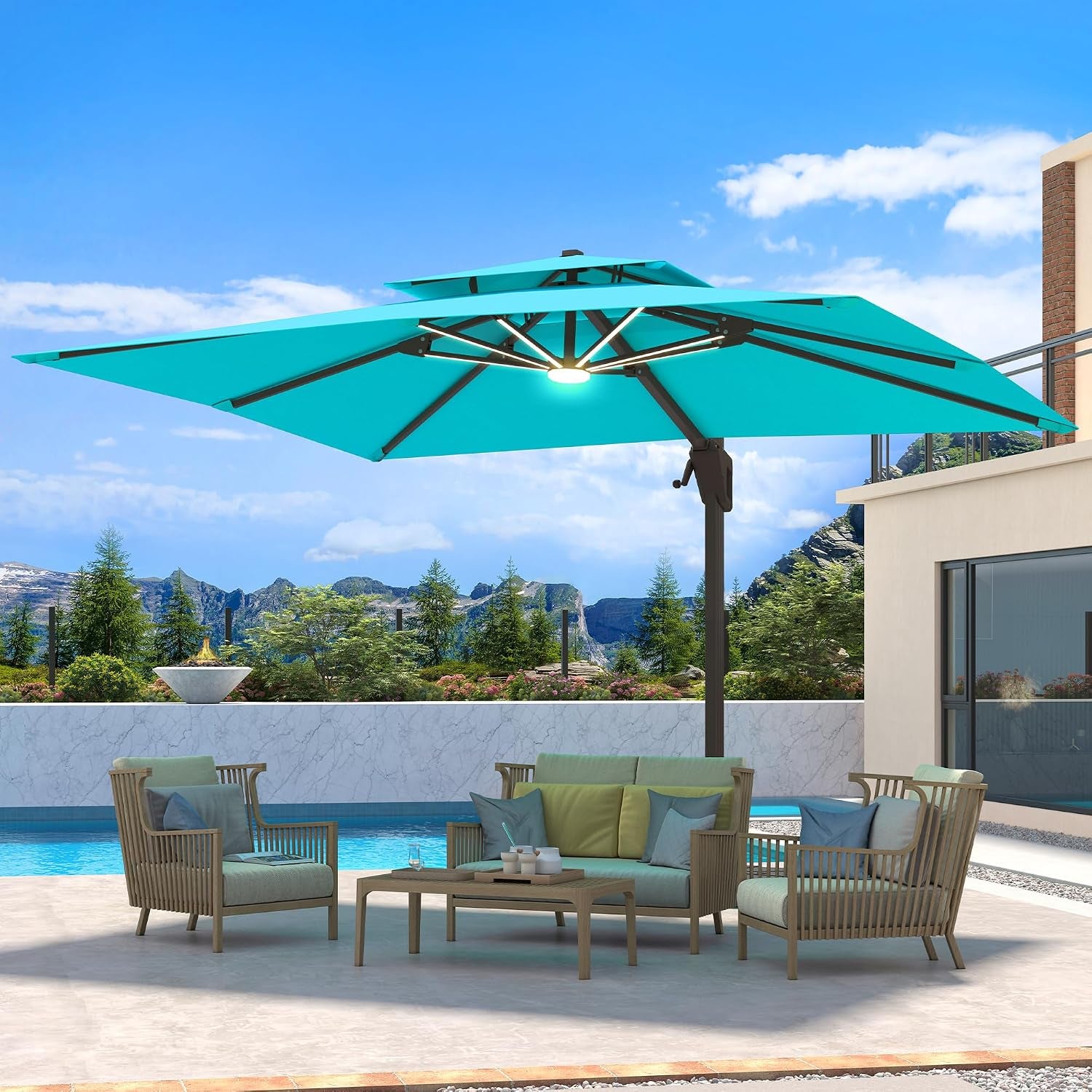 Turquoise cantilever umbrella open over outdoor seating by a pool on a sunny day.