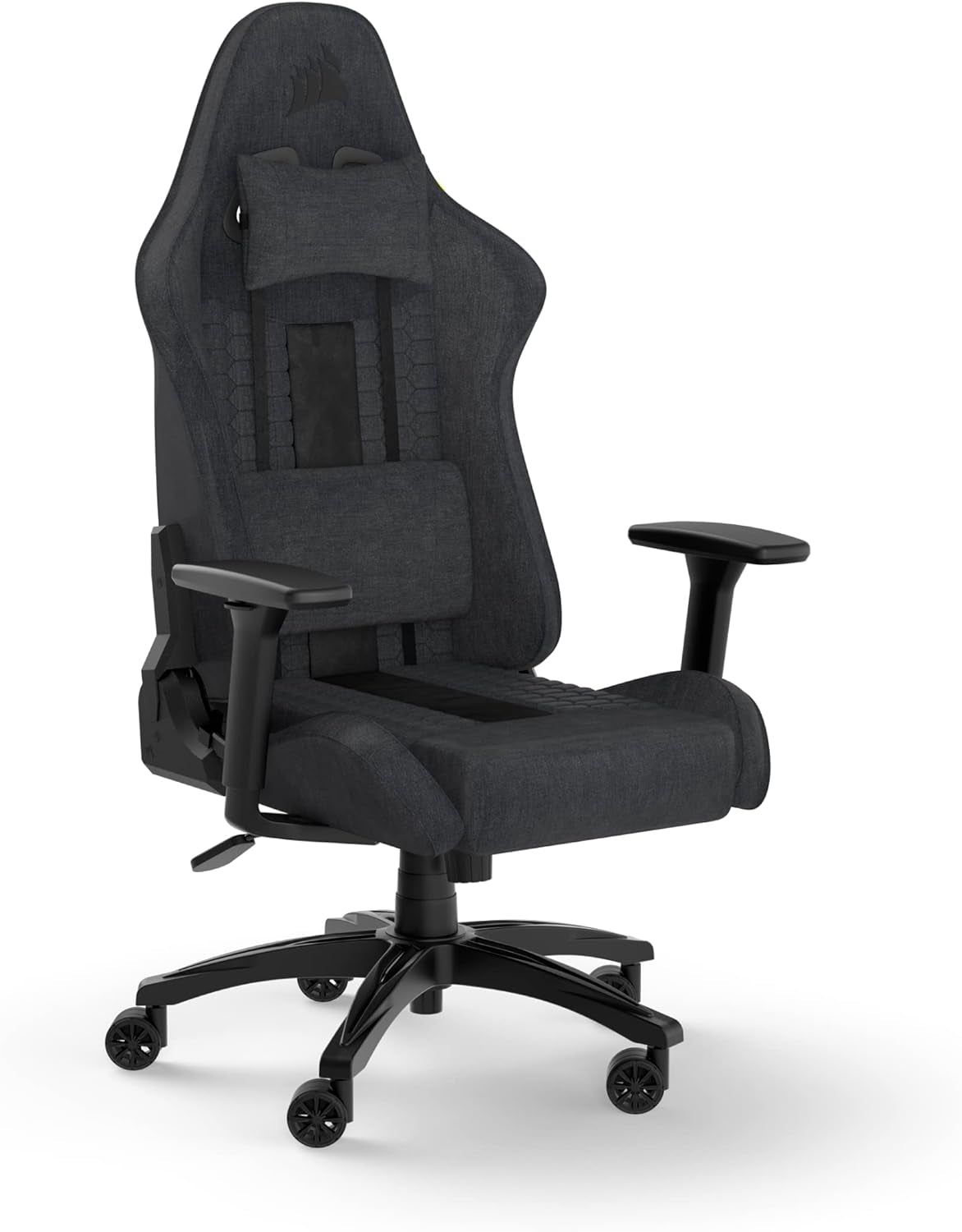 Gray fabric gaming chair angled front view showing seat, backrest, and base.