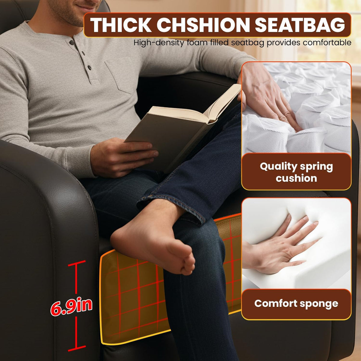 Close-up of seat cushion showing thick foam and spring support with a 6.9-inch measurement overlay