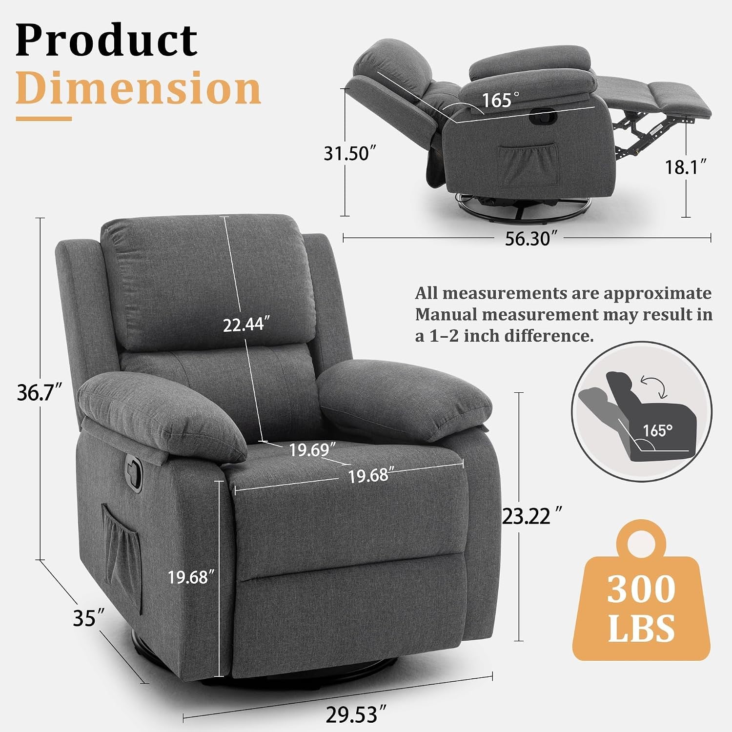 Product dimension diagram showing front and reclined side views of the dark gray recliner with measurement callouts.