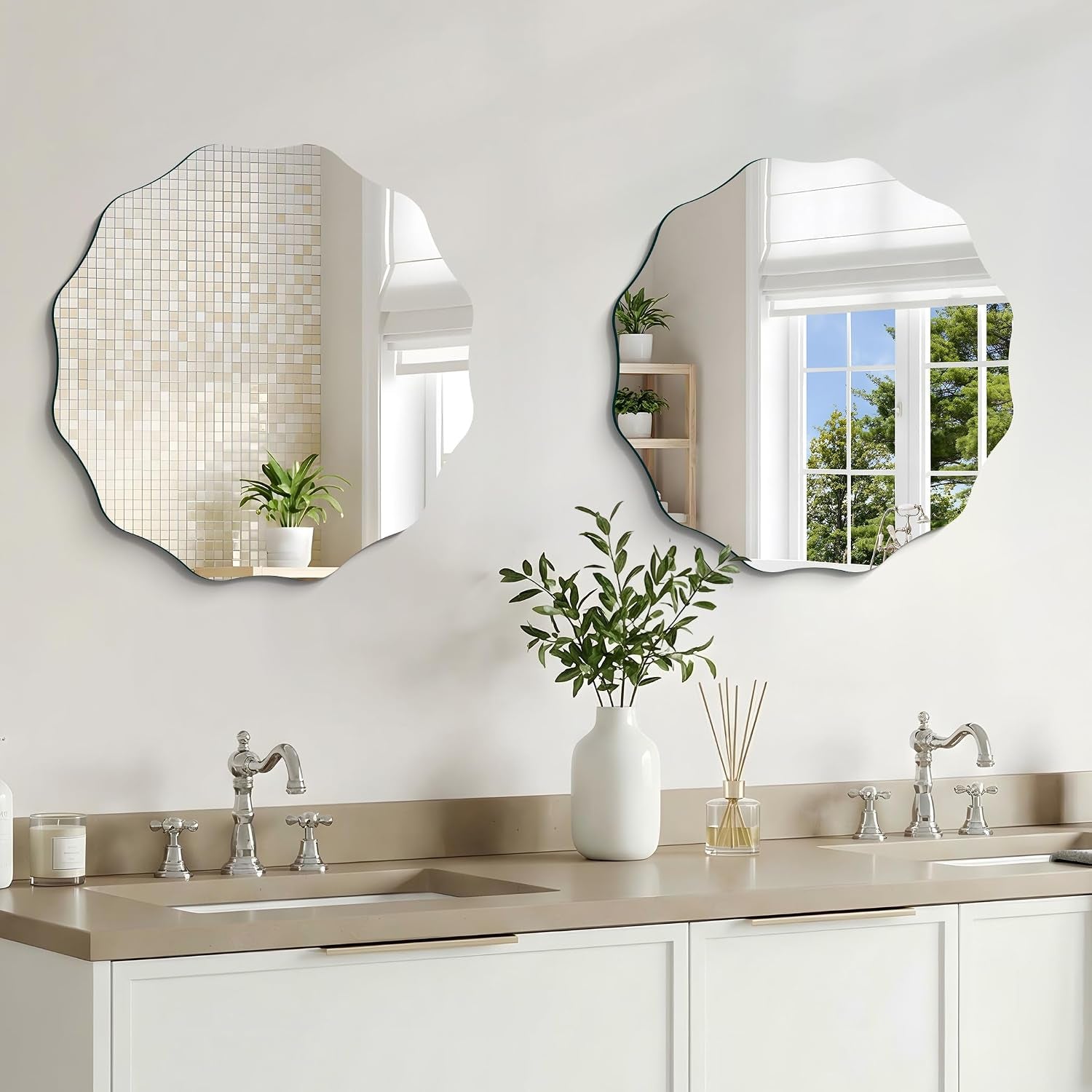 Two scalloped round mirrors side-by-side above a double-sink vanity reflecting a window and tile