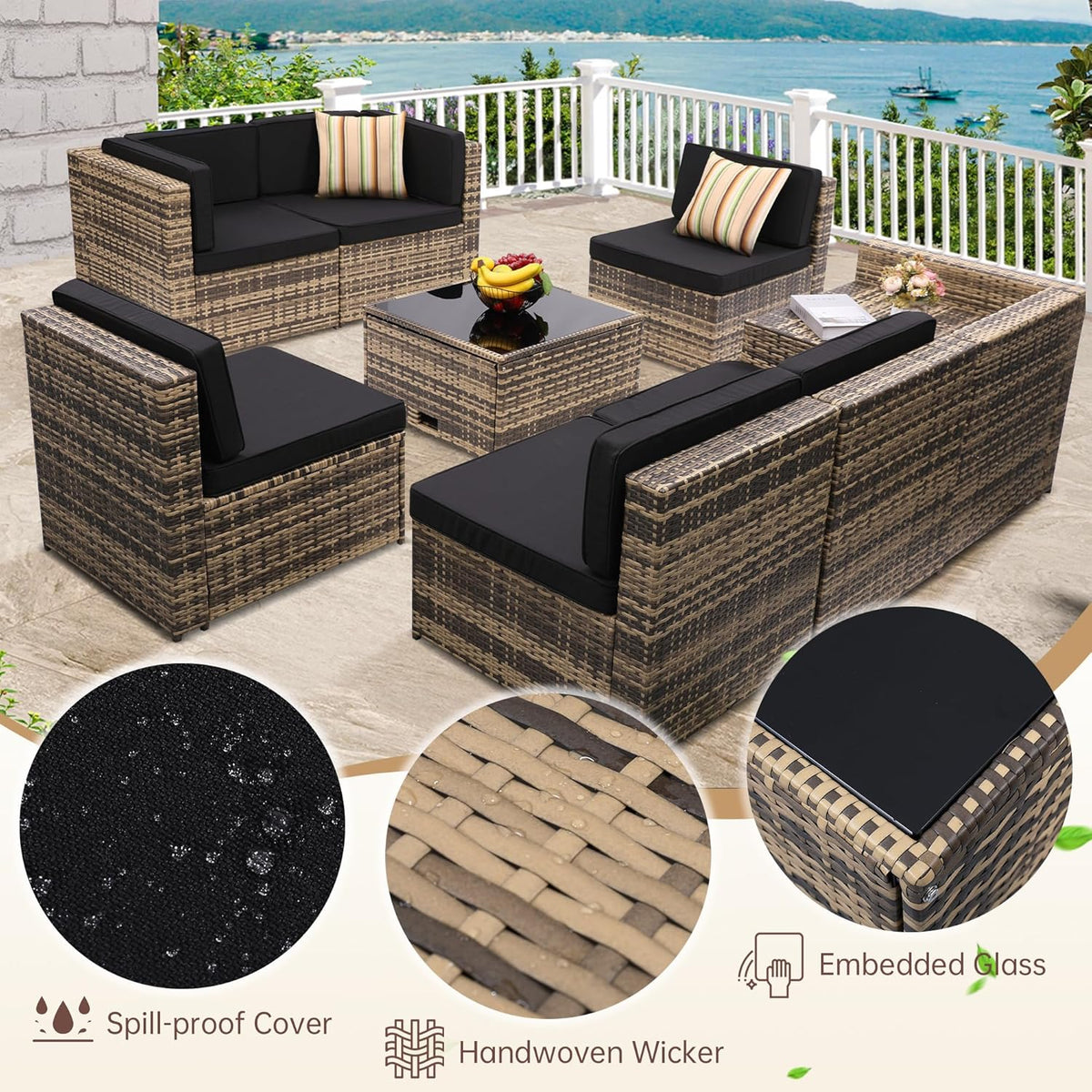 Detail collage showing spill-proof black cushion fabric, handwoven PE rattan texture, and embedded glass table top