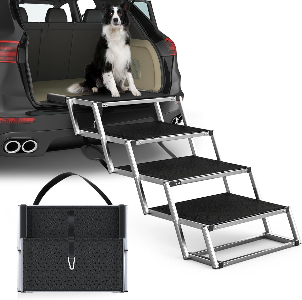Aluminum foldable 4-step dog stairs with black paw-print treads extended into a car cargo area and a folded inset shown at a