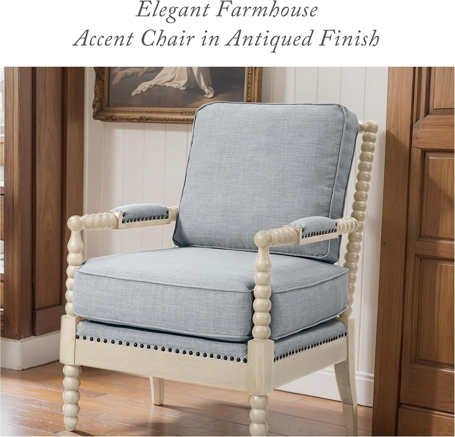 Light blue bobbin-frame accent chair staged by a wooden side table in a farmhouse setting