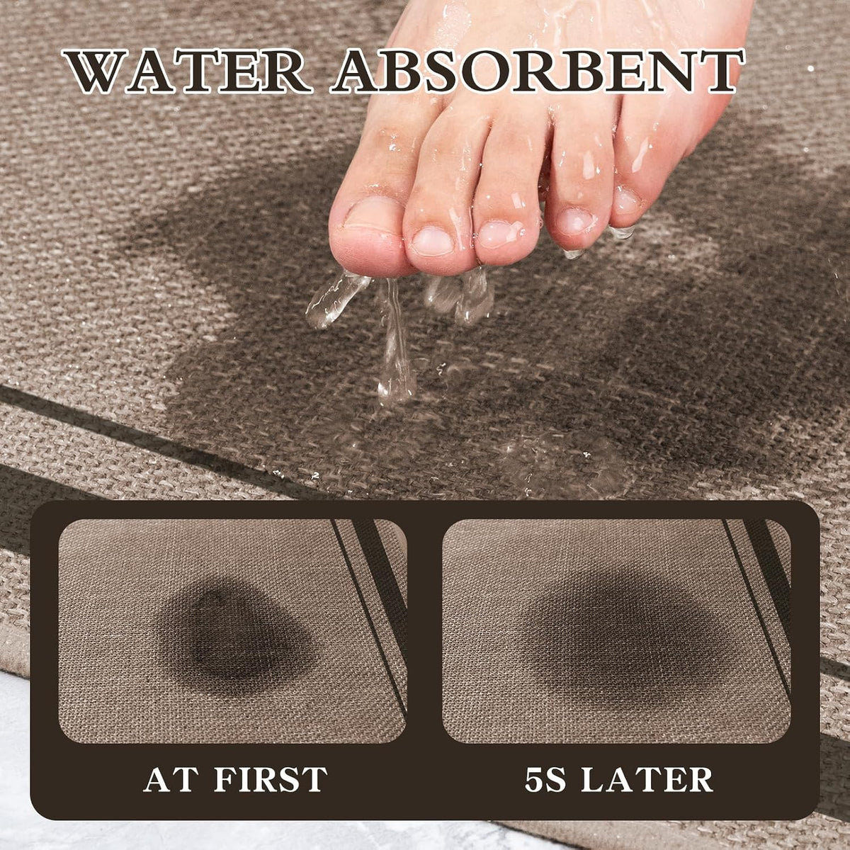 Close-up of a wet foot on the rug demonstrating water absorption with before and after wet spot comparison