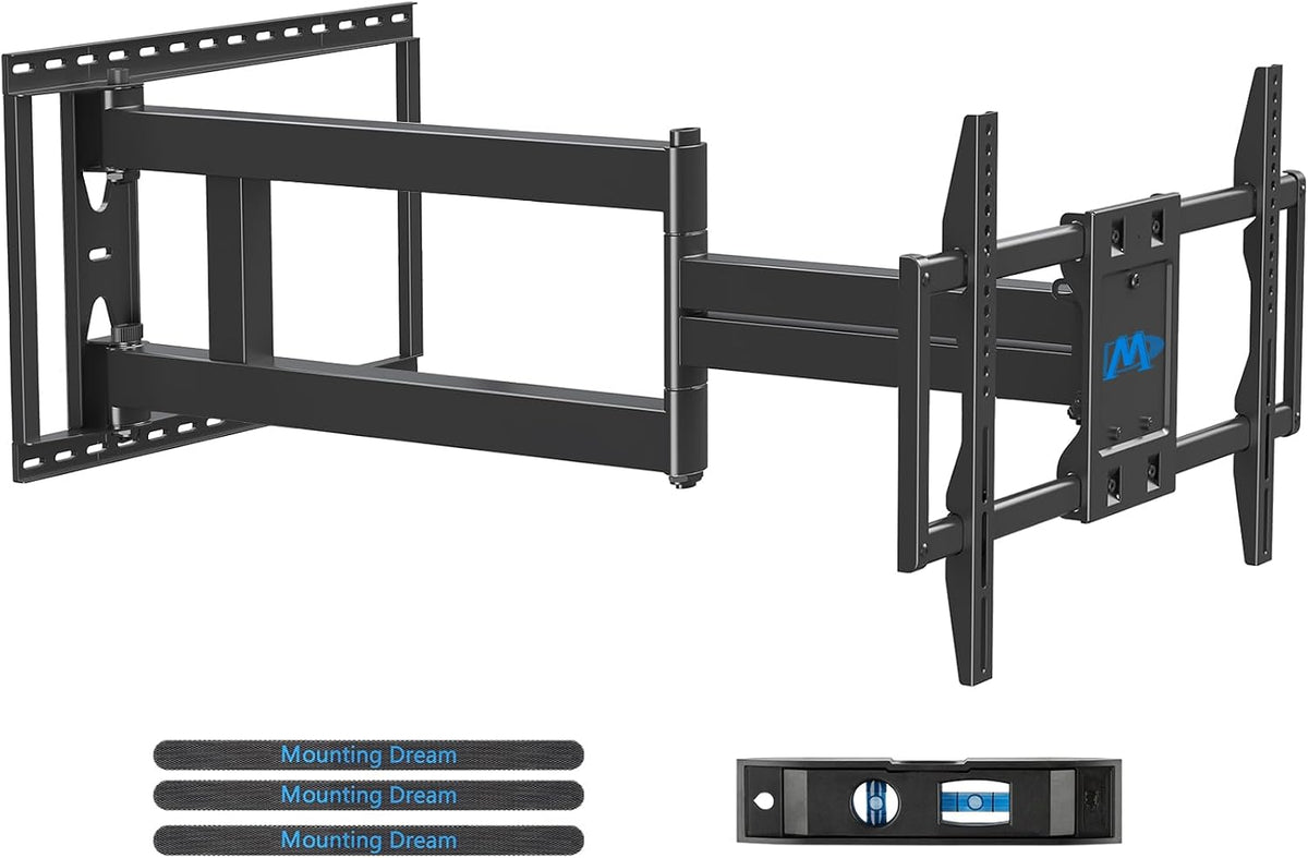 Extended full view of the black dual-arm TV wall mount with leveling tool and four fabric cable straps beneath it.