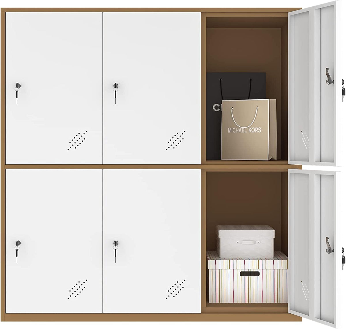 Close-up of brown-and-white metal locker showing white doors and two right doors open with brown interior storage