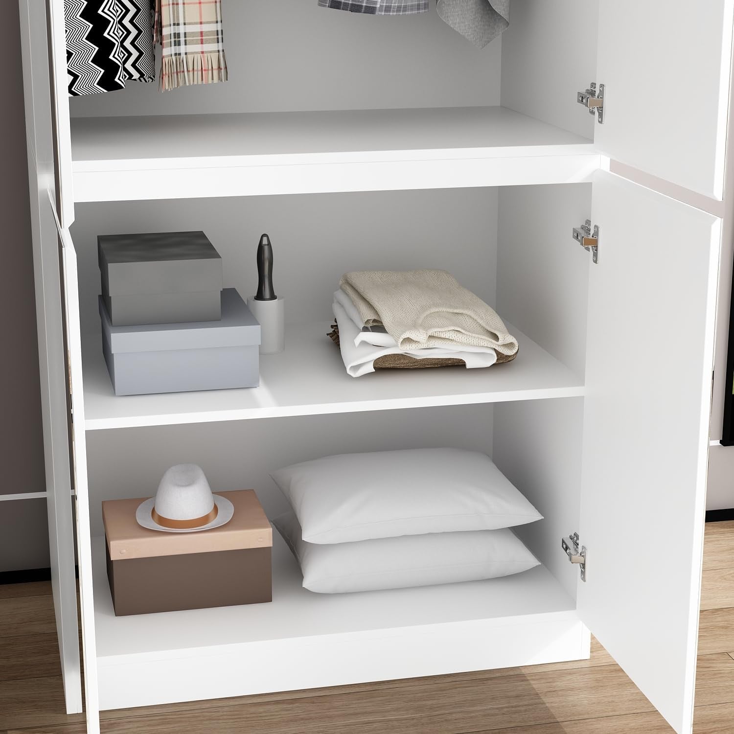 Lower interior shelves holding folded linens and storage boxes shown inside the white mirrored wardrobe