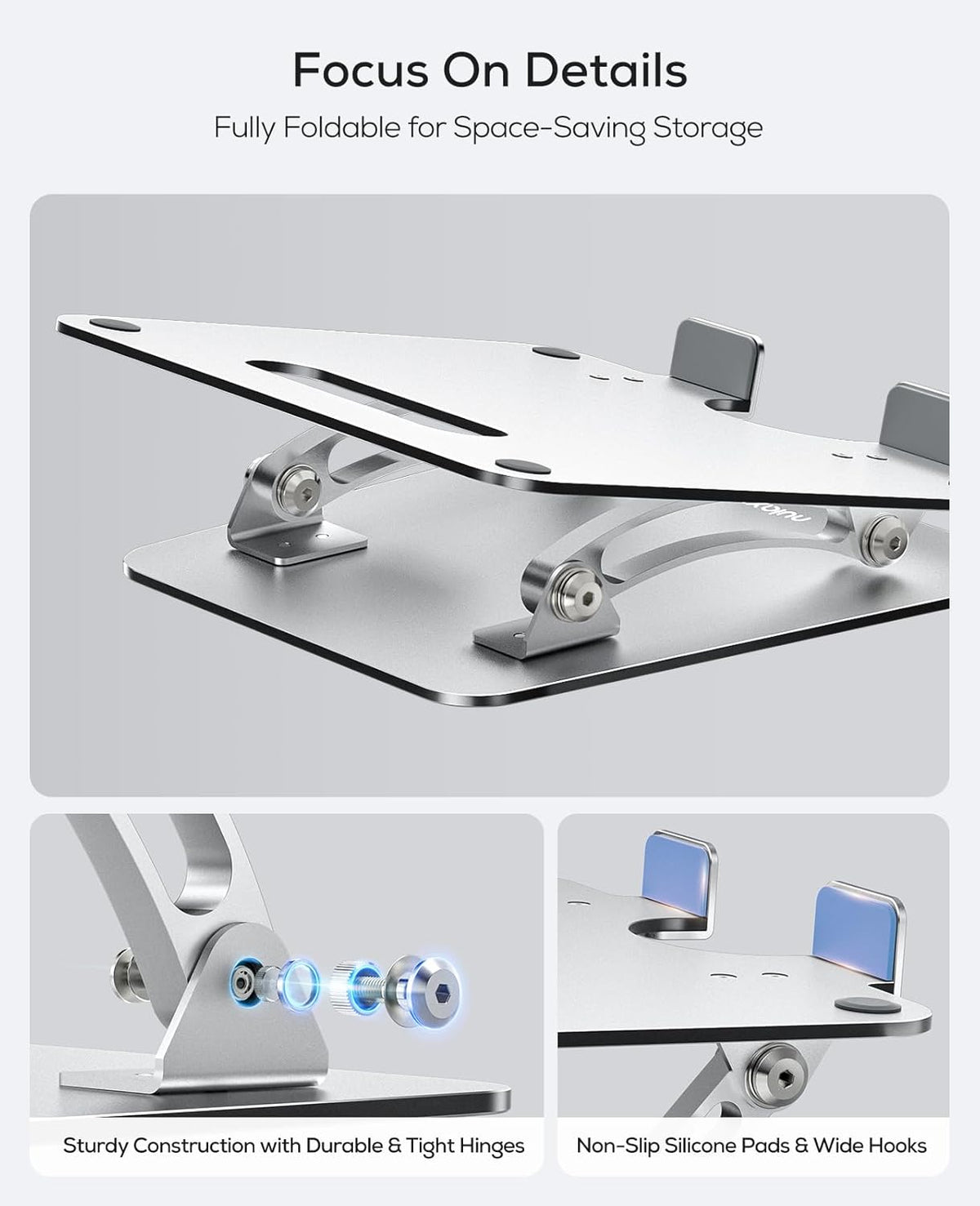 Detail views of hinge hardware and non-slip silicone pads on the stand's top plate and wide device hooks