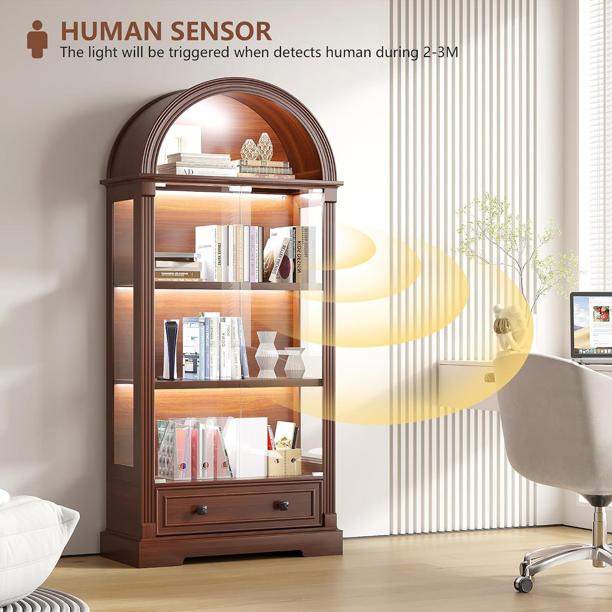 Arched curio cabinet in a room with graphic illustrating the motion-sensor activation range for the LEDs
