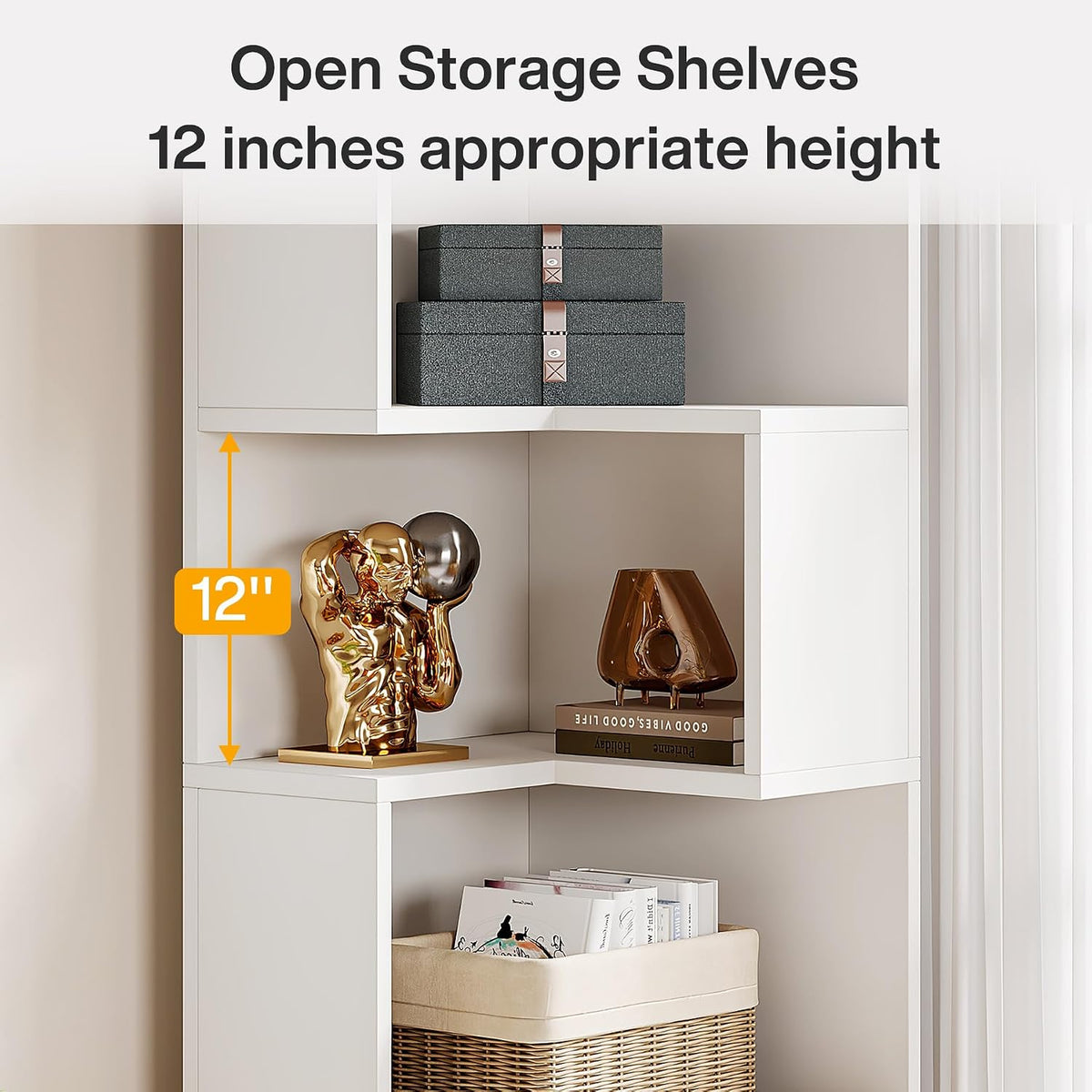 Close-up of the upper corner shelves showing staged decor and a measurement graphic indicating shelf height