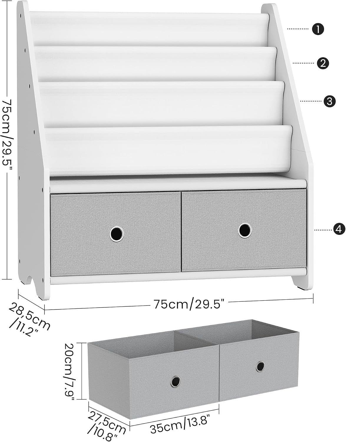 White four-tier book rack shown on a plain background with gray fabric drawers and measurement lines.
