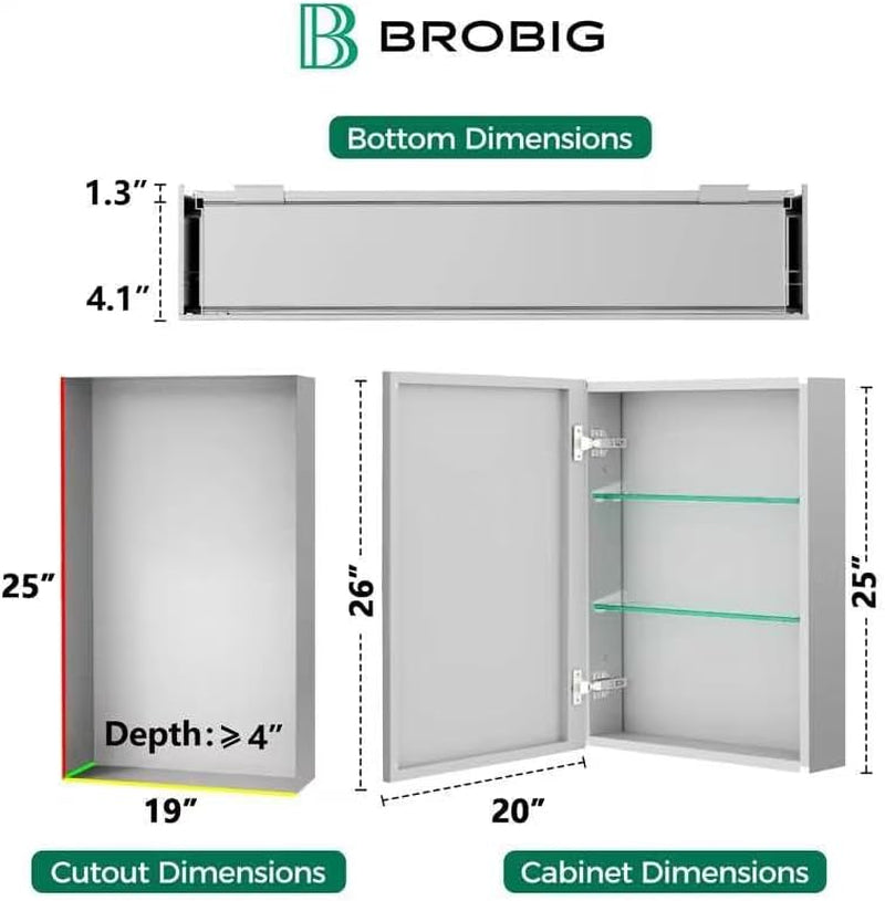 Diagram showing cabinet cutout and cabinet dimensions with internal shelves illustration for the 20 x 26 size
