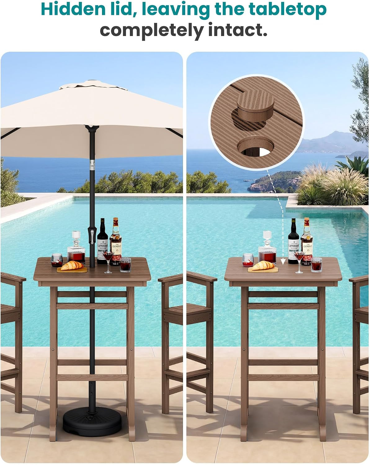 Square bar table showing concealed umbrella hole lid and a pole installed through the tabletop at poolside