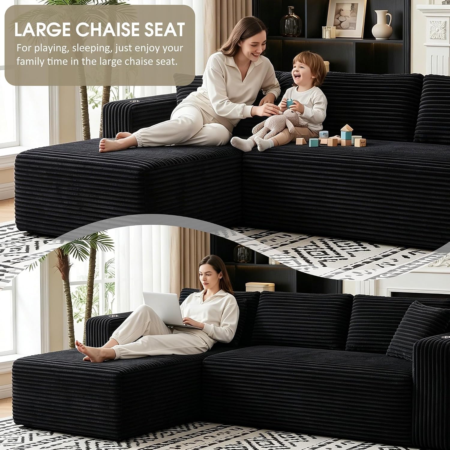 Cloud Sectional Boneless Couches for Living Room,Modular Sectional Sofa with 2 Cup Holders,Memory Foam Cloud Couch with L Shaped Oversized Chaise,No Assembly Needed Plush Corduroy Sofa,Black