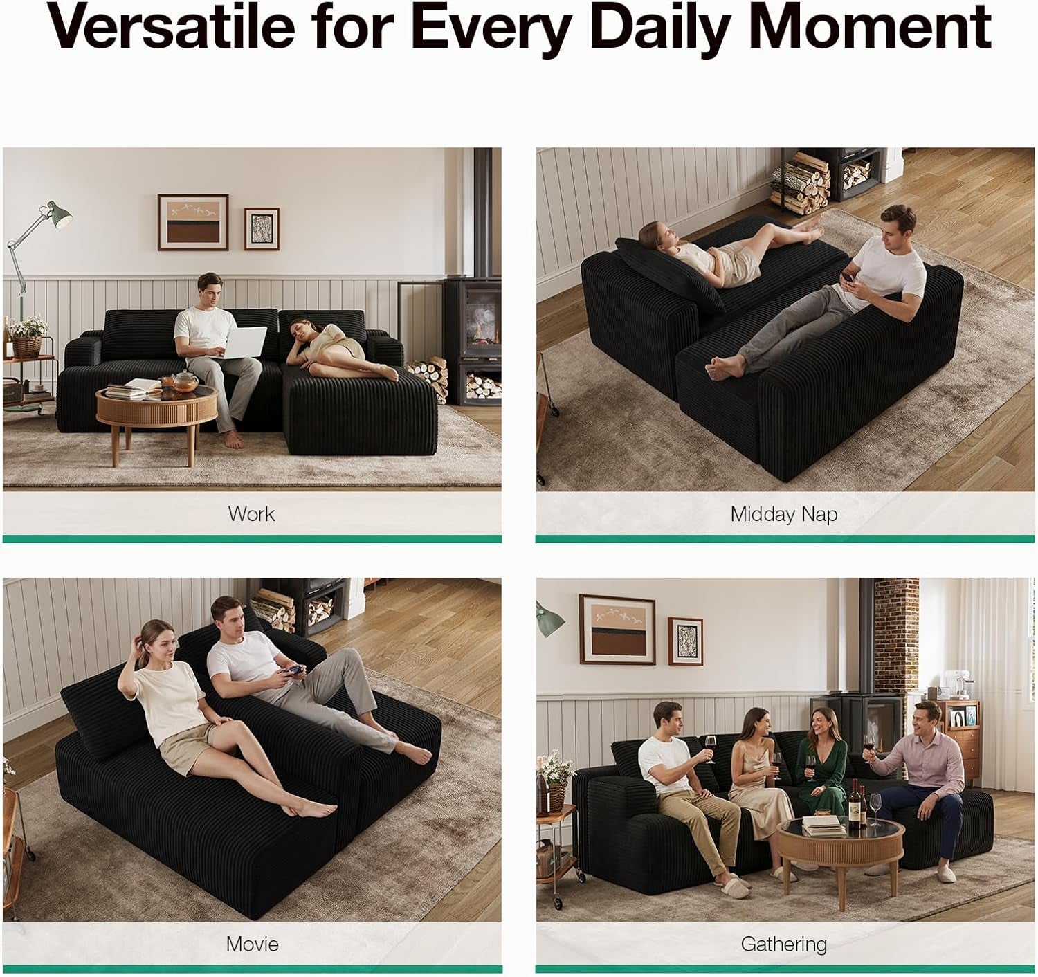 L-Shape Sectional Couches for Living Room with Smarts Coil® Support, 3 Seater Sectional Sofas for Living Room Bedroom, Corduroy Cloud Couch Sectional, No Assembly(Black, Right Hand Facing)