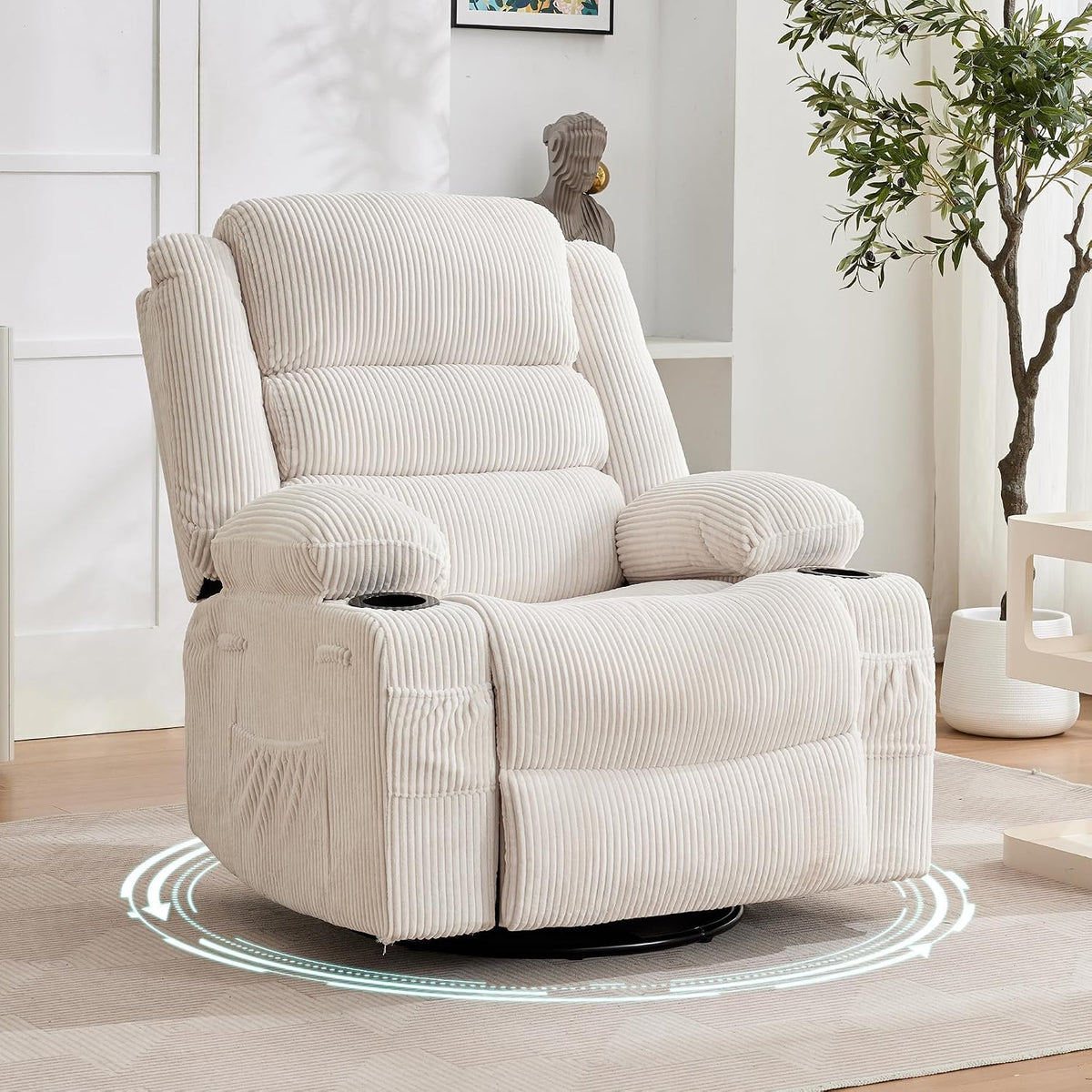 Cream corduroy recliner in a bright room with a potted tree and shelving in the background.