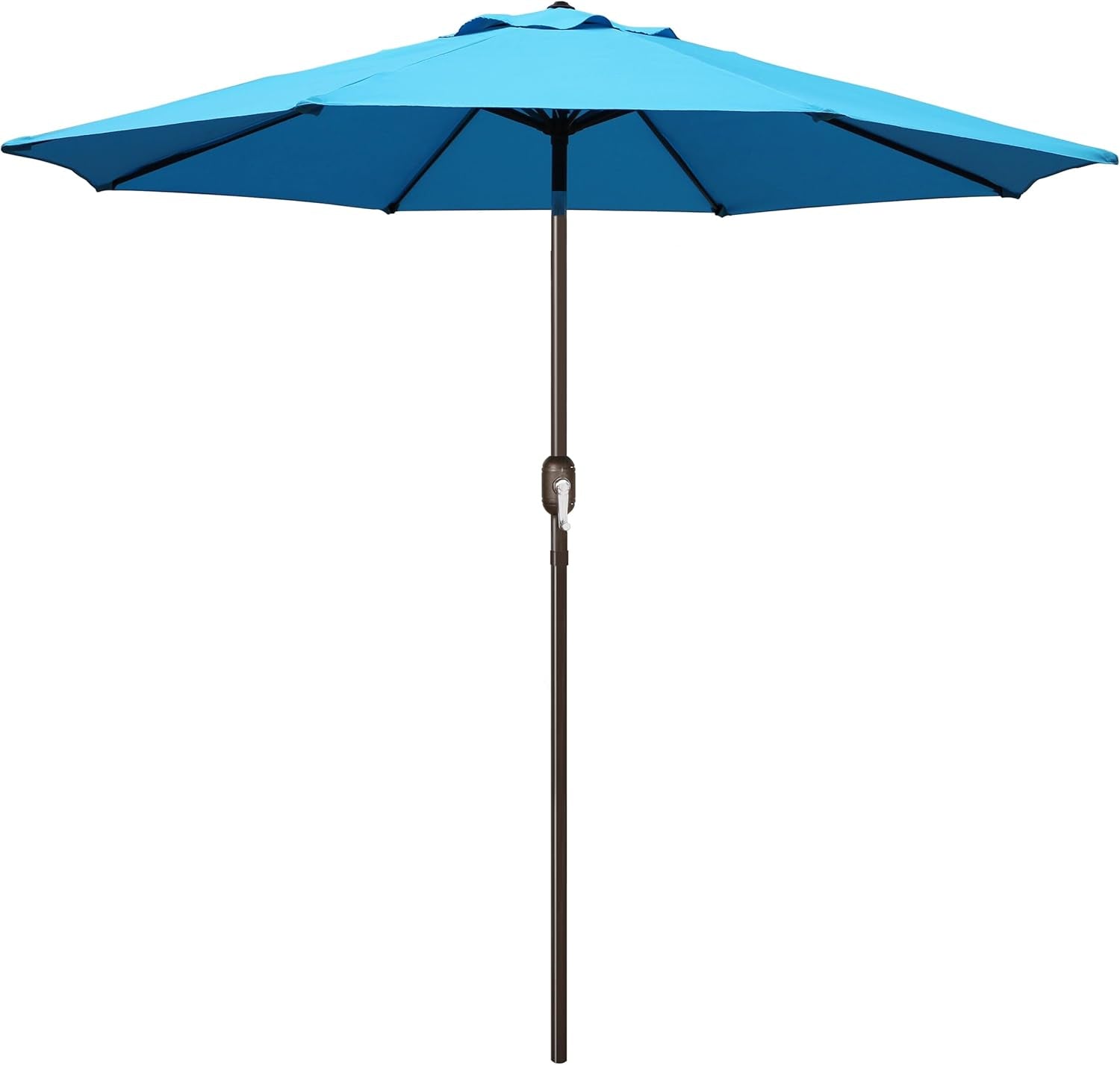Bright turquoise outdoor umbrella open with vented top and brown central pole