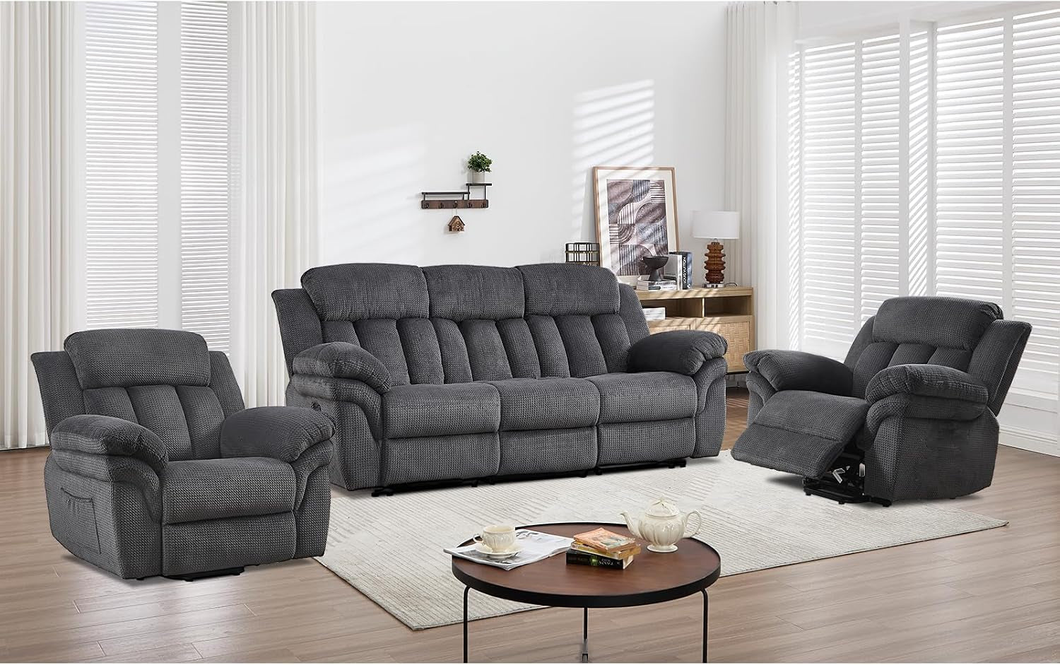 Living room set in dark gray with a three-seat reclining sofa and two matching recliners