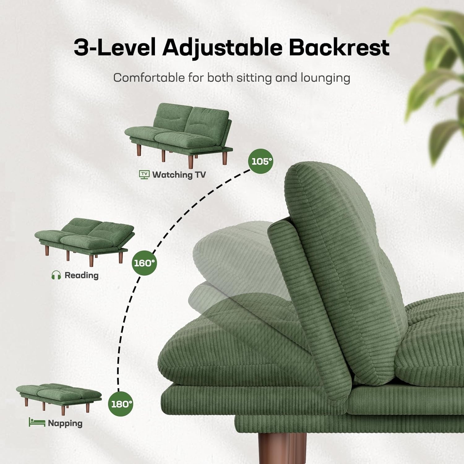 Close-up side view of futon backrest positions illustrating 105°, 160°, and 180° recline options