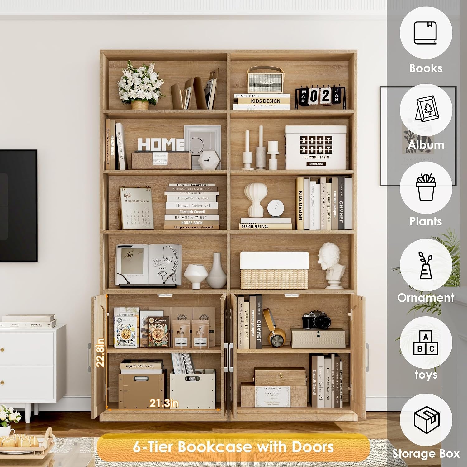 Front-facing view of the bookshelf with sidebar icons suggesting uses for books, albums, plants and storage boxes