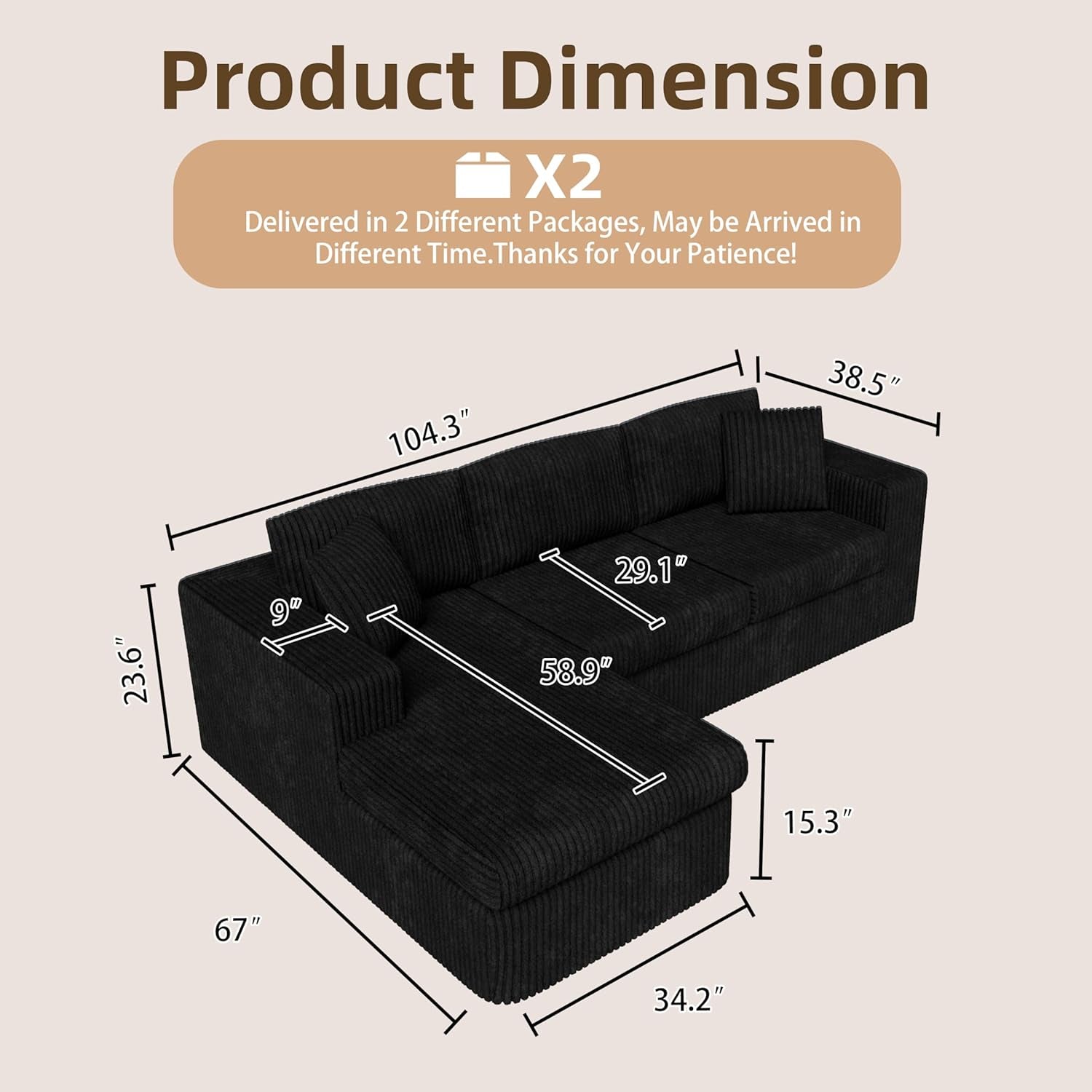 105" Modular Sectional Sofa, Boneless L Shaped Couch with Deep Seat, Cloud Foam Couch with Oversized Chaise, Plush Corduroy Sofa No Assembly Needed for Living Room, Black