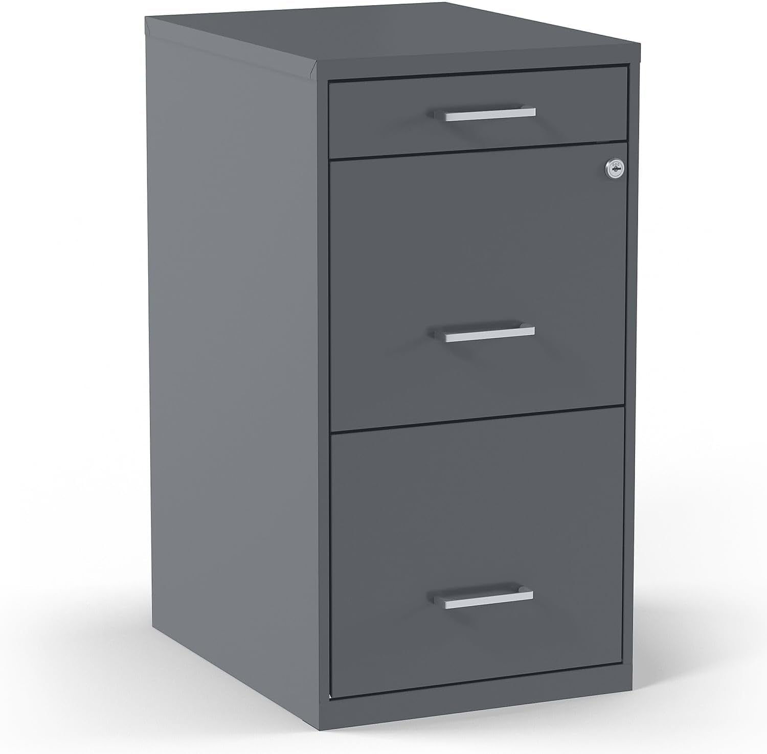 Charcoal three-drawer vertical file cabinet front three-quarter view on white background