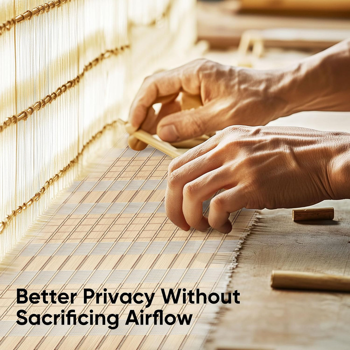Hands weaving thin bamboo slats by hand to form the woven privacy panel during production