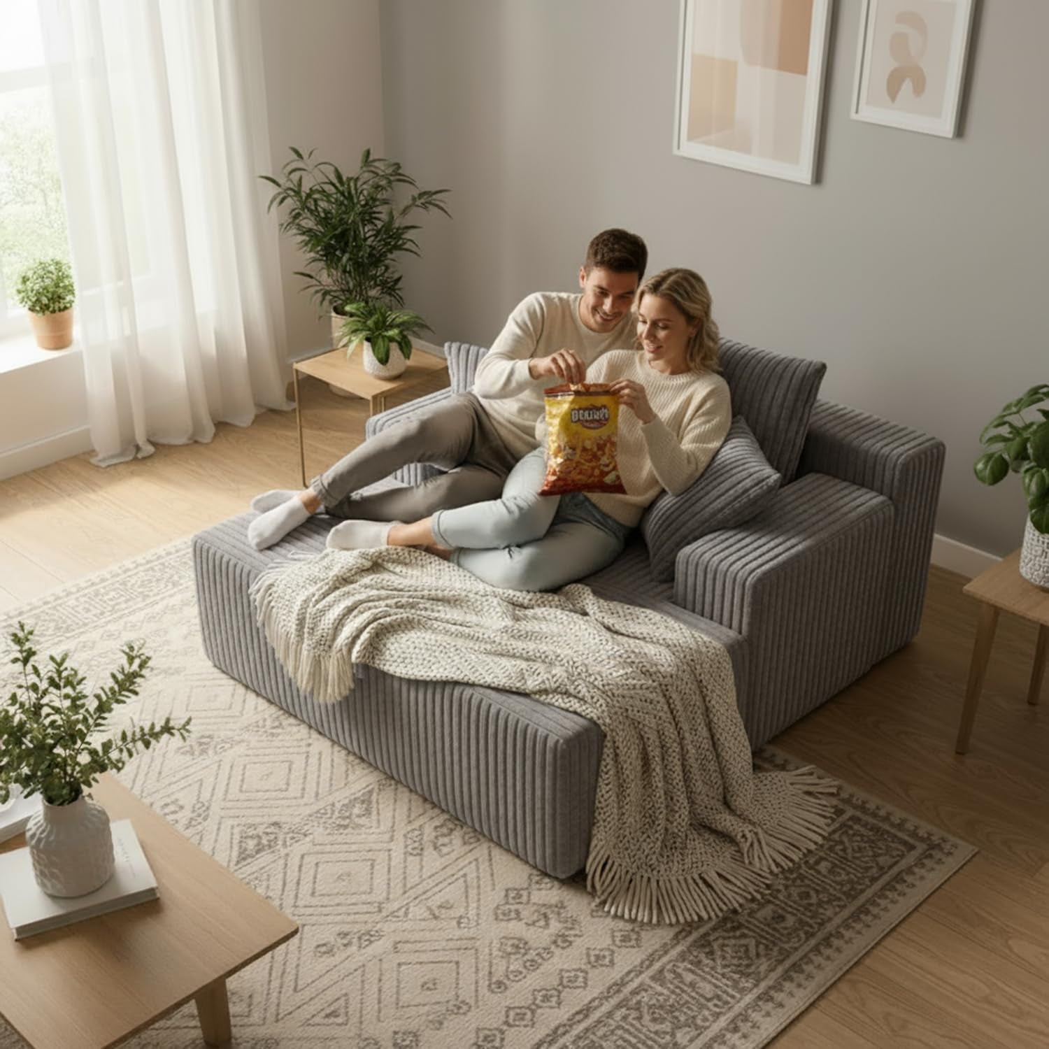 Light-gray ribbed chaise lounge in a bright living room with a couple sharing a snack on the extended seat.