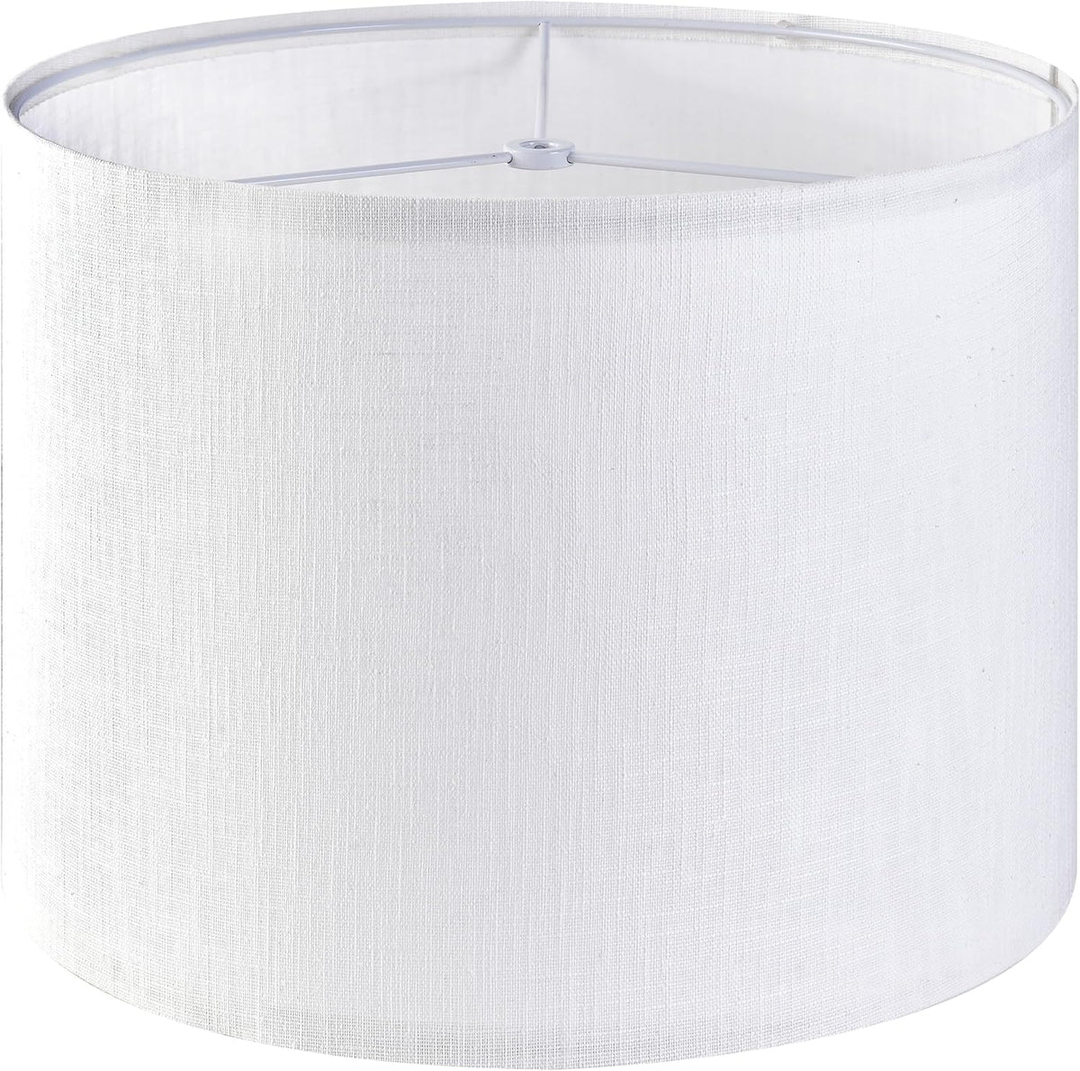 Side close-up of a white linen drum lampshade showing textured fabric and internal fitter.