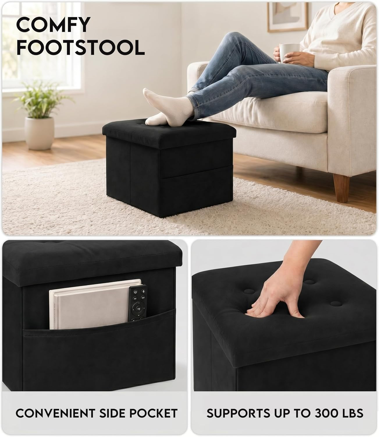 Living room scene with person using the black velvet ottoman as a footrest and close-ups of side pocket and tufted top