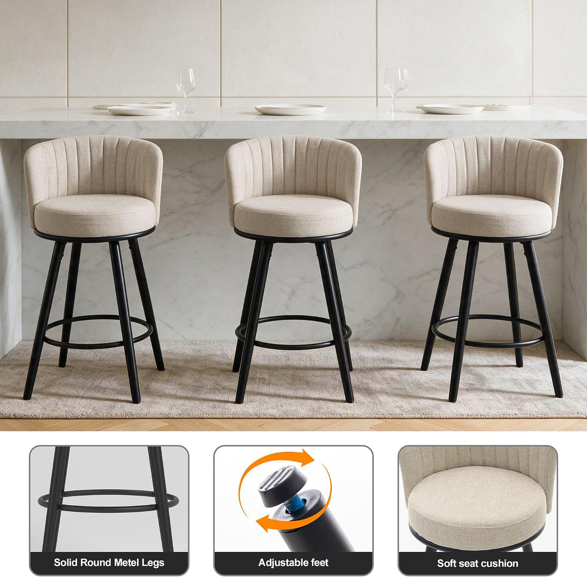 Three beige upholstered swivel bar stools front-facing with three small inset product-detail tiles beneath them.