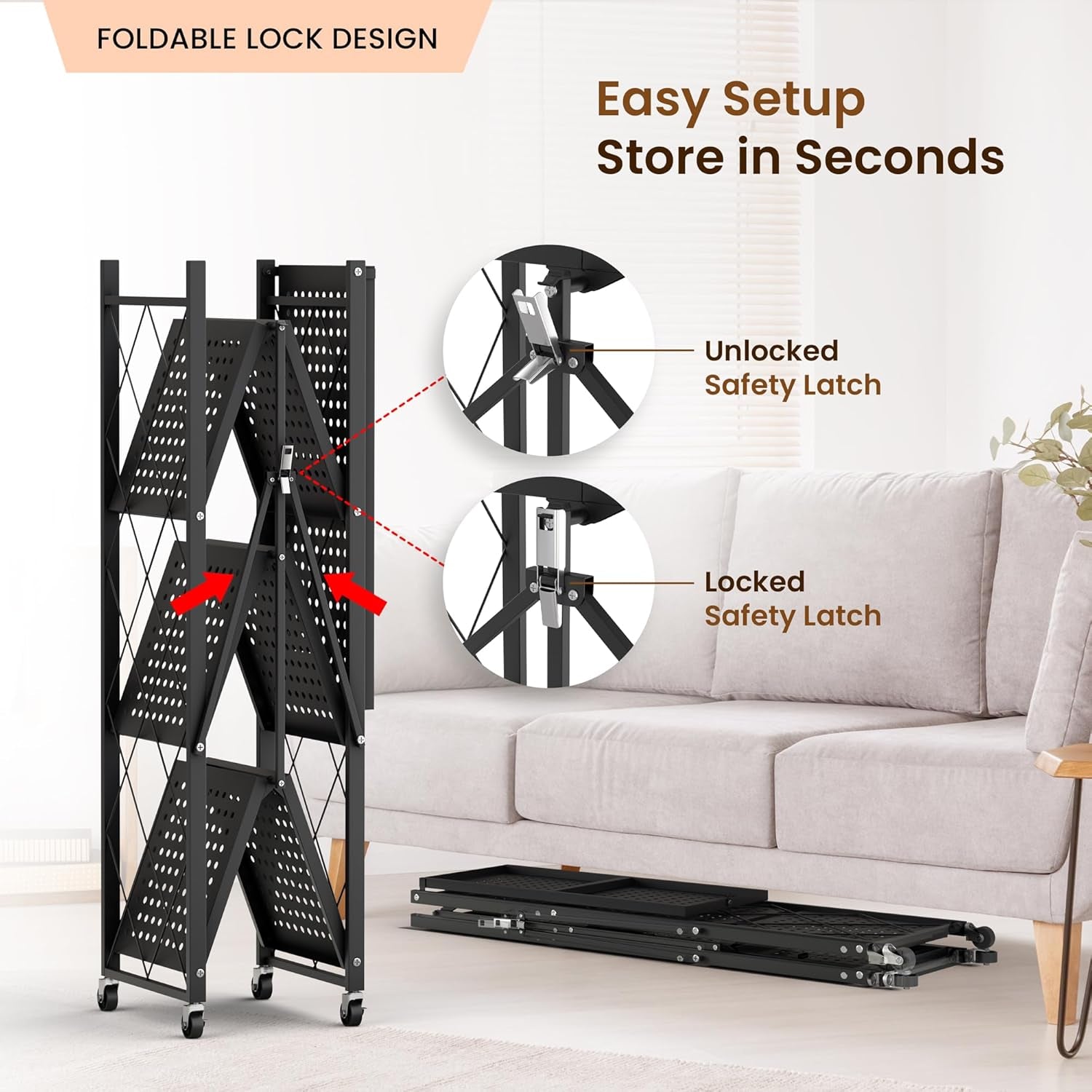 Shelf shown folding with unlocked and locked safety latch and collapsed unit on the floor next to a sofa
