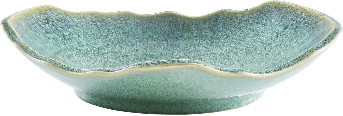 Green reactive-glaze ceramic bowl front view showing irregular wavy rim and crackle interior texture