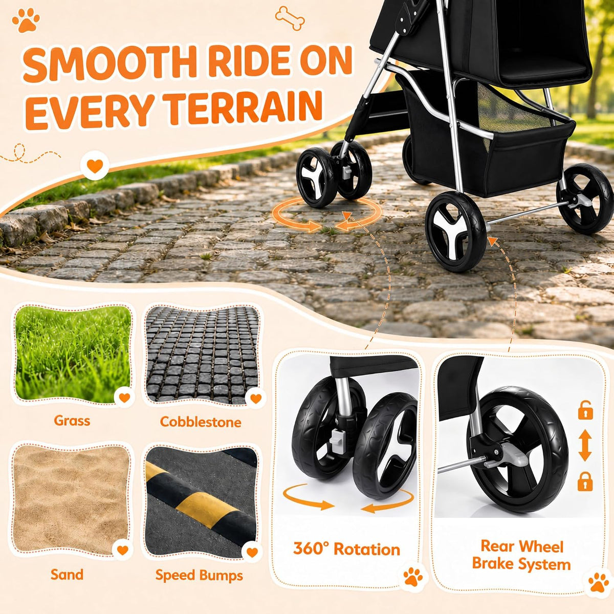 Close-up of stroller wheels showing 360-degree rotating front wheels and rear wheel brake hardware on cobblestone