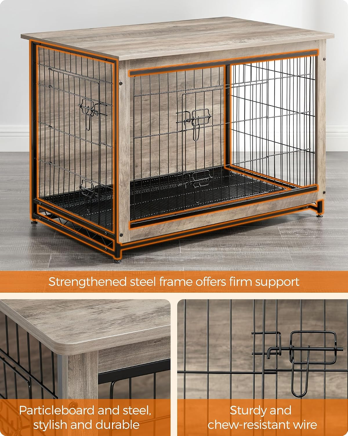 Empty furniture-style dog crate showing particleboard top, black wire sides, and strengthened steel frame from an angled view