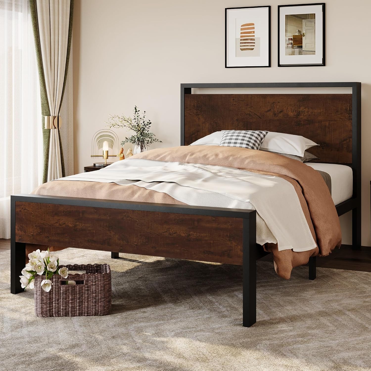 Black-framed bed with warm medium brown wood headboard and footboard in a styled bedroom