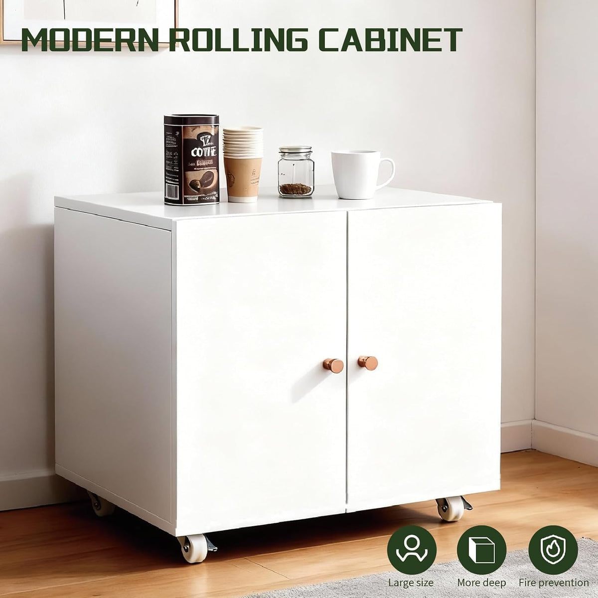 White rolling cabinet with closed doors and round copper knobs, styled as a coffee station on a hardwood floor
