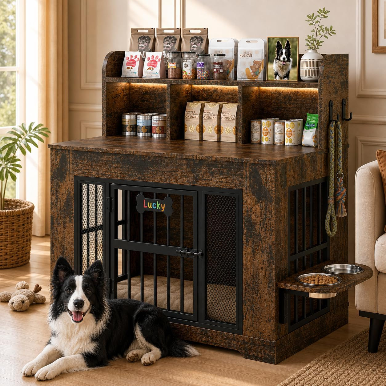 Wood-finish dog crate with upper storage shelf, LED strip, side hooks and bowls; black-and-white dog lying in front.