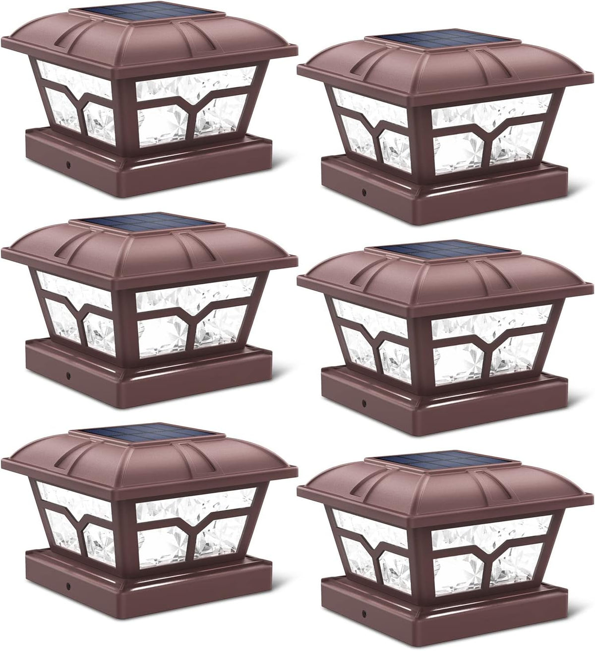 Six bronze post cap lights with solar panels and clear faceted panels, shown from angled views.