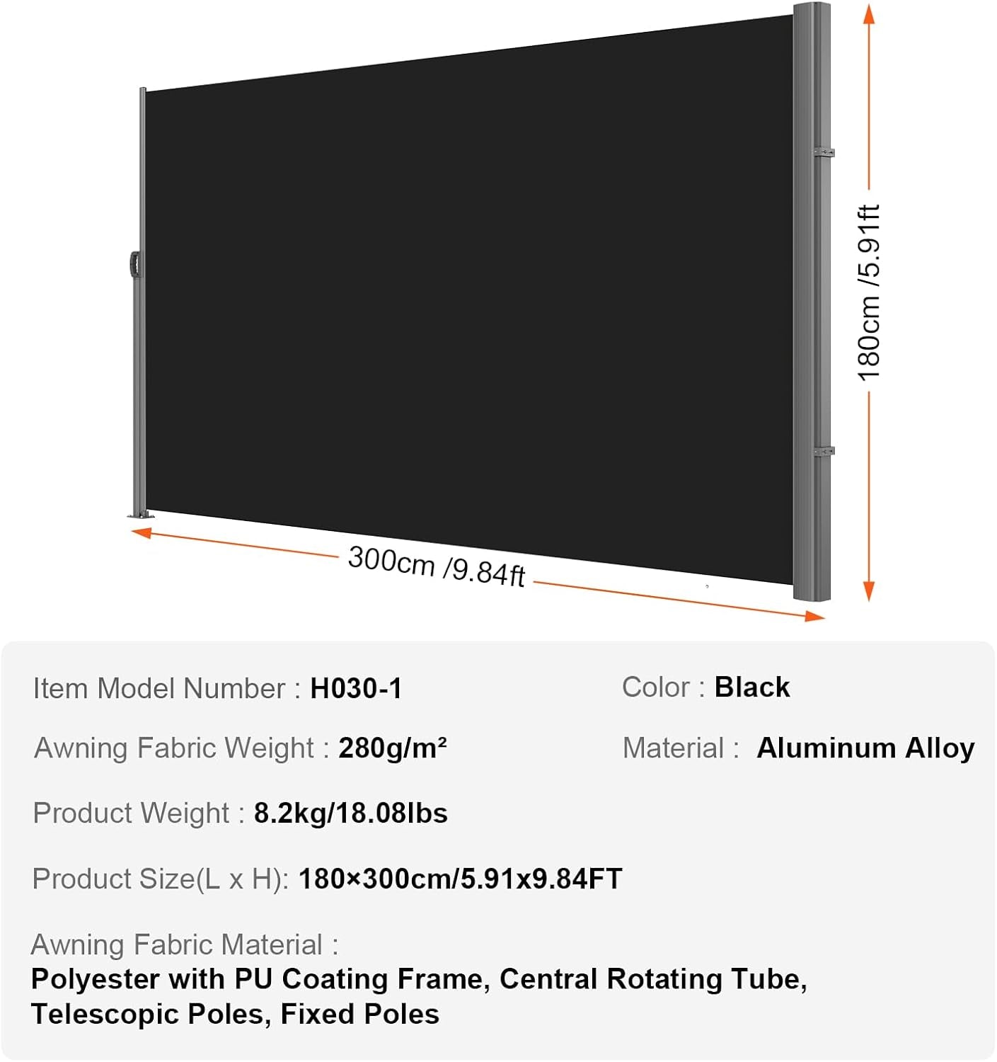 Dimension diagram of the black retractable side awning shown upright with arrows indicating width and height and a spec